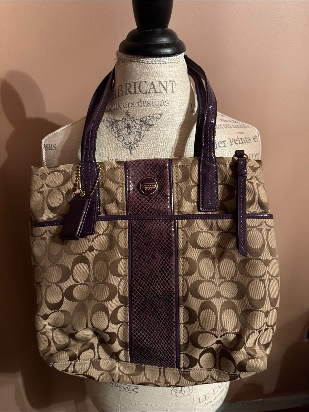 Coach Beige Signature Tote with Purple Trim and Accents